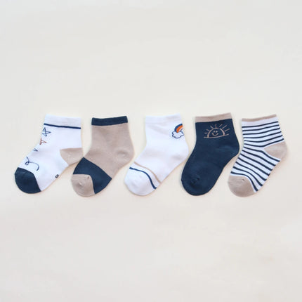 5 Pairs Summer Cotton Socks for Boy Girl Cute Cartoon Thin Breathable Baby Middle Tube Socks Fashion Stripe Kids Socks 0-3 Years