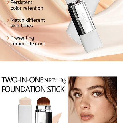 Two-in-one Brush Foundation Stick 13g, Double-head Lightweight and Smooth Concealer Foundation Lotion