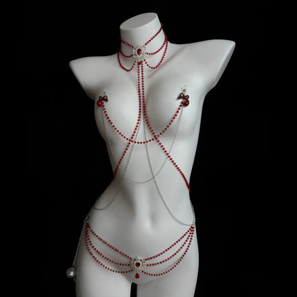 Sexy Red Gemstone Collar BDSM Restraints Bow-Shaped Nipple Clamps Body Chains Sexy Accessories for Women Adult Sex Toys 18+