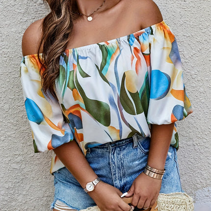 Plus Size Summer Women Elegant Shirt Casual Fashion Off the Shoulder Print Tops Vacation Loose Female Clothing