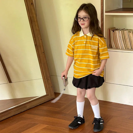 Children's Collar Polo Shirt 2025 Summer Boys and Girls Korean Edition Casual Contrast Striped T-shirt Top