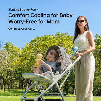 JISULIFE Mini Stroller Fan Portable Clip On Battery Operated with Night Light, 5 Speeds LED Display, Removable Flexible Stand