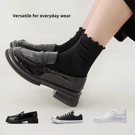 Cotton Socks for Women Girls Ruffle Top Solid Color Spring Autumn Breathable Soft Mid-calf Sock 1 Pair or 2 Pairs