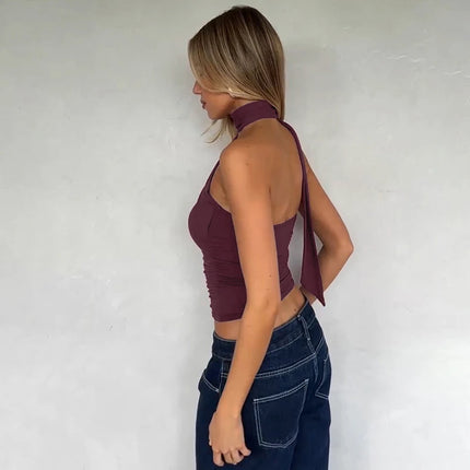 Hugcitar Women Elegant Halter Scarf Strapless Ruched Solid Sexy Slim Crop Tank Top 2025 Summer Casual Clothes Streetwear Party