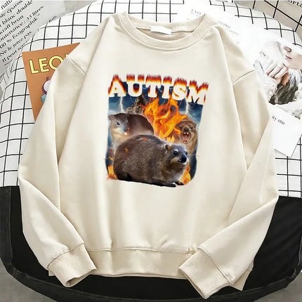 Y2k Vintage Autism Animals Hoodies Basic Warm Fleece Sweatshirt Soft Breathable O-Neck Pullover Casual Female Clothes