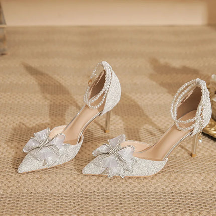 Spring Pointed Toe Party Wedding Shoes for Women, Bride Bow Thick Heel Silver Sequin Fairy Lolita Style Single Shoes