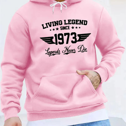 Men's autumn and winter casual fashion loose hoodie retro 1973 letter pattern printed long sleeved warm pullover sweater