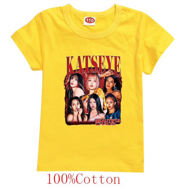 Hot Katseye T Shirt Kids Summer Clothes Girls Short Sleeve T-Shirt Toddler Boy Cotton Casual Tops Children's Fashion Streetwear