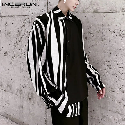2026 Men Striped Patchwork Shirts Brand Streetwear Lapel Tops Fashion Irregular Shirts Long Sleeve Casual Camisas S-5XL INCERUN