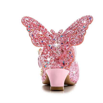Princess Butterfly Leather Shoes Kids Diamond Bowknot High Heel Children Girl Dance Glitter Shoes Fashion Girls Party Dance Shoe