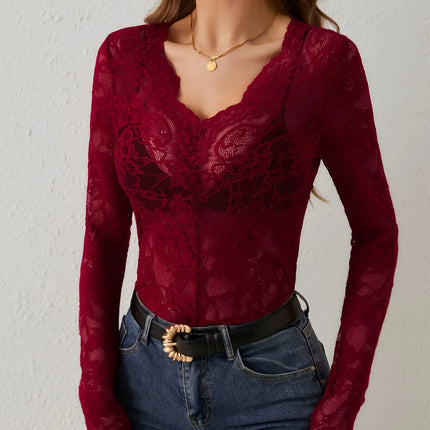 Women Sexy Base Layer Shirt Solid Black Sheer Lace Top Slim Flower Scallop Trim V Neck Long Sleeve T-shirt Trendy Tight Lace Top
