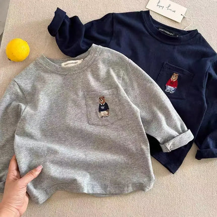 Long Sve Children's T-irt Boys' Inner Wear Striped Top for Big Kids Toddler Boys' Base Layer Bear Design Korean Sle