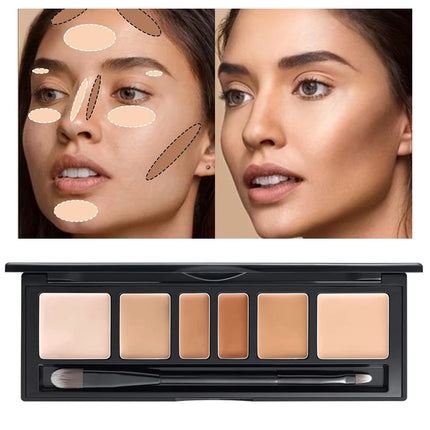 6-color concealer palette with brush,long-lasting concealer, waterproof full coverage concealers,Corrects Dark Circles,Red Marks