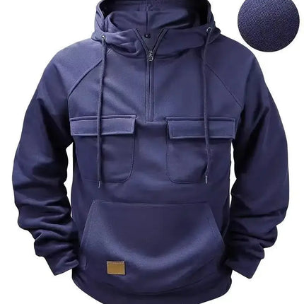 Fashionable Youth Men's Hoodie Solid Color Casual Autumn/Winter Pullover with Multi Pockets Patch Design