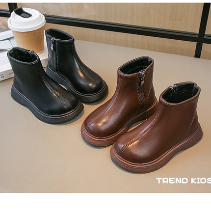 Children Fashion Boots Simple Girls Ankle Boot Black Kids Short Leather Boots Side Zipper Thick Bottom Autumn Winter 2024 New
