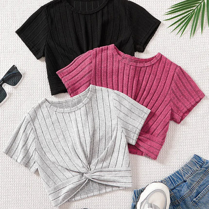 Spring/Summer Girl Big Boy Girl Casual Cute Solid Color Round Neck Short Sleeve Three Piece Set