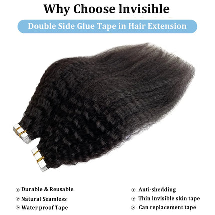 Kinky Straight Tape in Hair Extensions Human Hair Brazilian 100% Adhesive Curly Human Hair 22 24 Inch Natural Black For Women