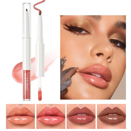 Double Head Mirror Lip Glaze 2 in 1 Lipliner Pen Water Light Lip Gloss Makeup Set Matte Velvet Lip Liner Pencil Contour Cosmetic