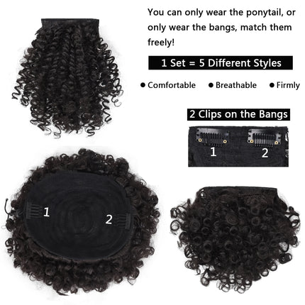 Synthetic Afro Puff Drawstring Ponytail with Short Kinky Curly Bun with 2 Replaceable Bangs Pineapple Updo Hair for Black Women