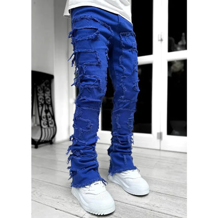 Men's Regular Fit Stacked Jeans Ripped Slim Fit Patch Distressed Destroyed Straight Denim Pants Hip Hop Streetwear Trouser Cloth