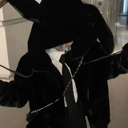 Nerazzurri Spring fluffy jacket with rabbit ears raglan sleeve zipper Oversize light soft harajuku kawaii faux fur hoodie 2021