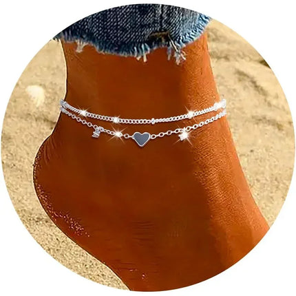 Dainty Layered Silver Anklet with Heart Charm - Elegant CZ Bracelet for Women, Waterproof & Trendy Gift