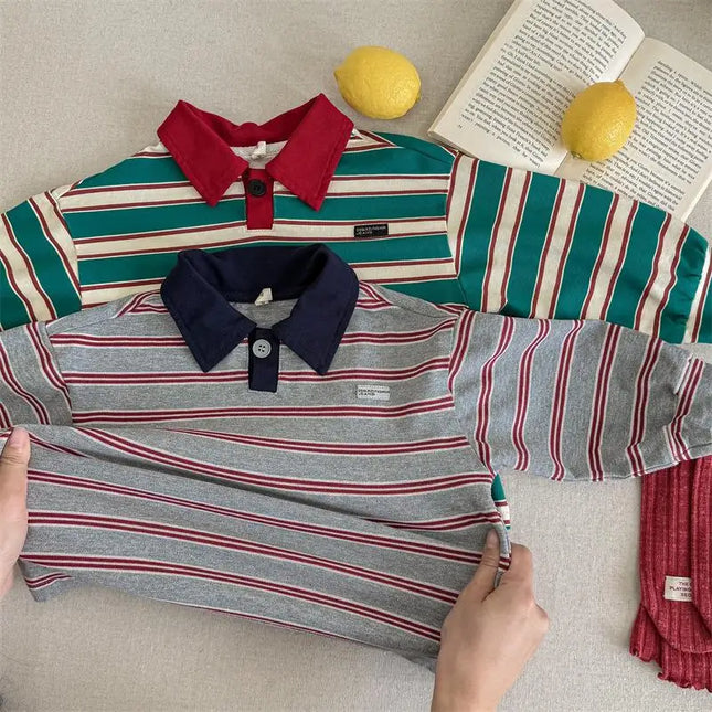New 2026 New Spring Baby Boys Striped Polo Shirts Long Sleeve Tops Korean Style Toddlers Kids Casual T-shirts