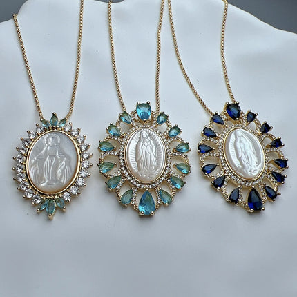 Hot Sell Religious Guadalupe Virgin Mary Necklace Female Metal Zircon Mother Pearl Shell Medal Pendant For Women Fashion Jewelry