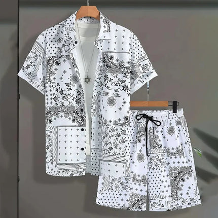 2024 New Men's Summer Holiday Suit Retro Textured Printed Border Shirt Short Sleeve Shorts Two Piece Men's Breathable Pool Suit