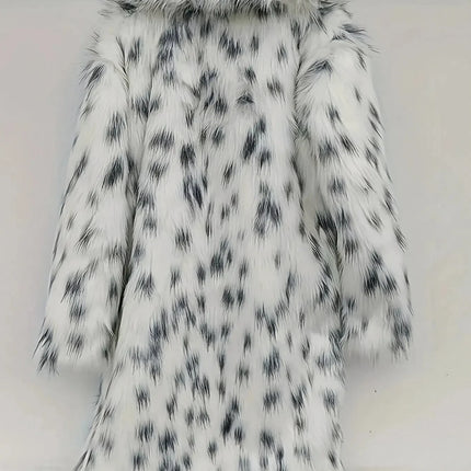 Women's Faux Fur Coat Long Autumn-Winter Fashion Casual Comfortable Warm White Leopard Print Long Sleeve Lapel Fox Fur Coat