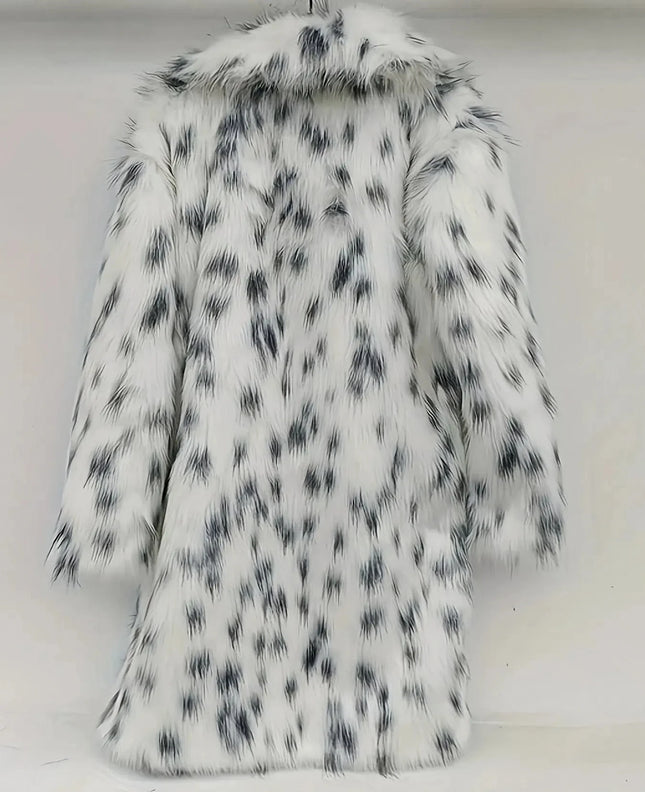 Women's Faux Fur Coat Long Autumn-Winter Fashion Casual Comfortable Warm White Leopard Print Long Sleeve Lapel Fox Fur Coat
