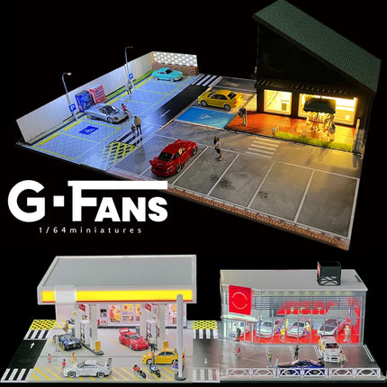 1:64 Scale Miniatures Building Scene Car Parking Lot Model Lighting Version Car Garage Diorama Models Simulation Collection Gift