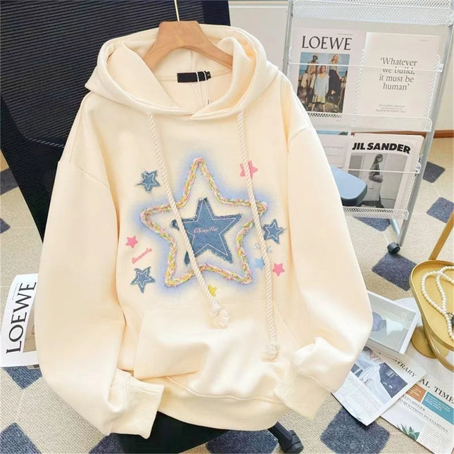 Spring And Autumn Star Print Milk Apricot Color Hooded Coat Street Harajuku Outerwear ﻿Vintage Star Print Drawstring Hoodies