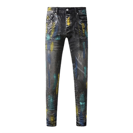 High Street American Distressed Men's Jeans Fashion Brand Coated Blank Stretch Skinny Button Fly Ripped Pants Trousers