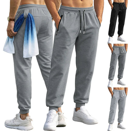 Spring/Autumn High-Quality Men's Sport Pants with Drawstring Cuffs and Zippered Pockets - Solid Color Elasticated Casual Pants
