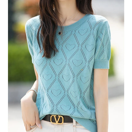 New Summer Fashion 100% Pure Cotton Women's Sweater Short sleeved Casual O-neck Pullover T-shirt Loose Knitted Hollow Top