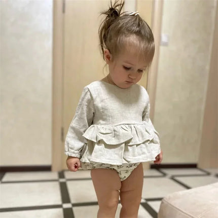 Toddler Cotton Linen Ruffle Tops + Tutu Bloomers Shorts 2pcs Outfits Spring Baby Girl Clothes Sets Princess Girl Outfits 0-3T