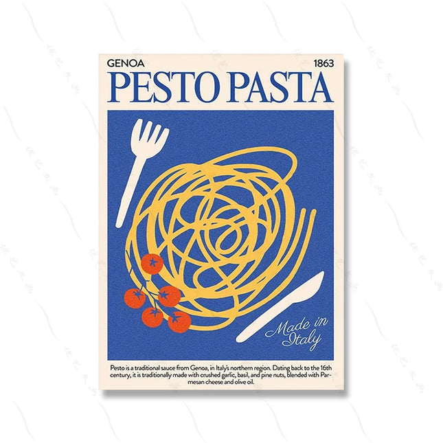 La Dolce Vita Kitchen Prints Retro Italian Foodie Art Poster Coastal Decor Blue & Yellow Gallery Wall Canvas Painting