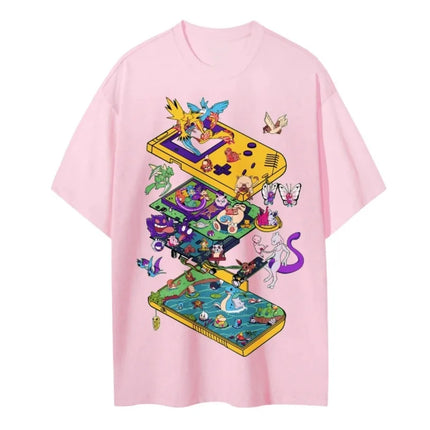 2026 Summer Pokemon Retro Game Console Cartoon Print T-Shirt, 100% Cotton Loose Couple & Family Tee for Travel Game & Sports