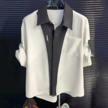 Men's Summer Black White Patchwork Shirt Turn Down Collar Long Sleeve Casual Loose Button Down Blouse With Chest Pocket