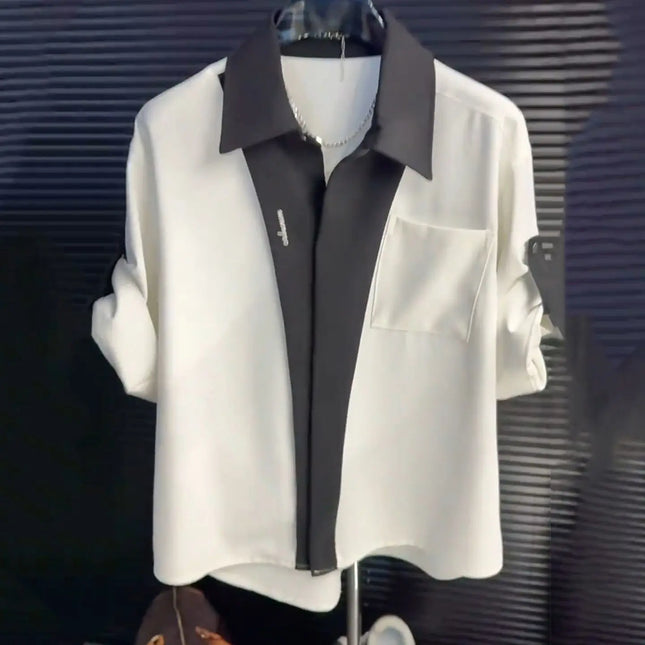 Men's Summer Black White Patchwork Shirt Turn Down Collar Long Sleeve Casual Loose Button Down Blouse With Chest Pocket