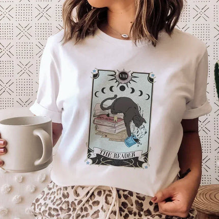 Books Cats Tarot Vintage Tee Fashion T-shirts New Women Summer Tshirt Top Lady Print Female Clothes Short Sleeve Graphic T-Shirt