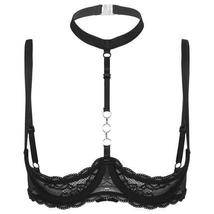 Womens 1/4 Cups Underwire Hollow Out Open Cup Nipples Bra Halter O Ring Exposed Lace Push Up Brassiere Lingerie Bra Underwear