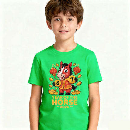 Year of The Horse 2026 Cute Kids Tshirt Zodiac Horse Shirt Lunar New Year Boy Girl T-Shirt Lucky Coins and Lanterns Printed Tee