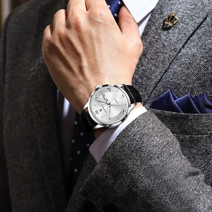 POEDAGAR Classic Luxury Men's Wristwatch Date Week Leather Business Man Watch Waterproof Luminous Fashion Quartz Watches For Men