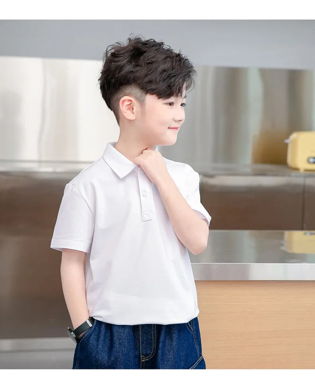 New Boys' Polo Shirt Thin Short Sleeve Mid to Large Boys' Summer Clothes Flip Collar Half Sleeve T-shirt Children's Pure Cotton