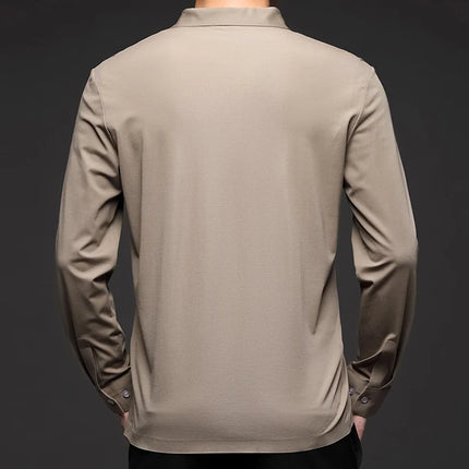 Minglu Mulberry Silk Men's Polo Shirts Luxury Long Sleeve Solid Color Golf Male T-shirts Spring Autumn Business Casual Man Tees