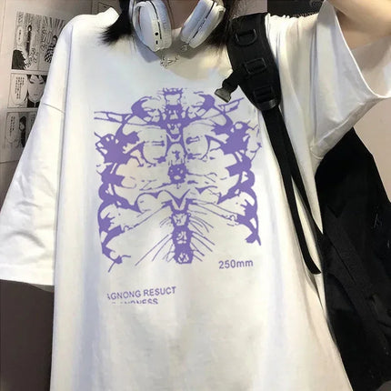 Geometric Pattern Print Harajuku Skeleton Women T-shirts Men Gothic Hip Hop Streetwear Black Goth Clothes Short Sleeve Top Y2k