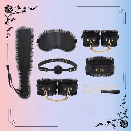 Sexy Lace Hand and Foot Cuffs with Leash Collar Bondage Seven-Piece Set Maid Training Props Couple Role-Play Intimate Toys 18+