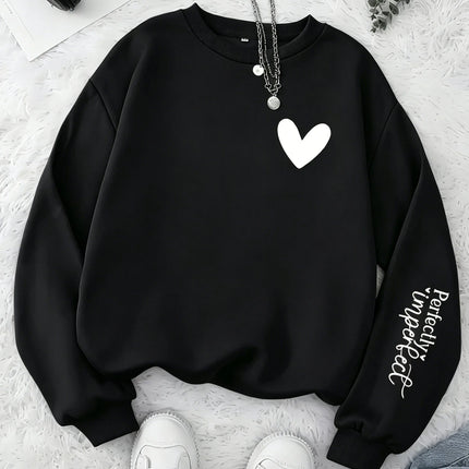 Women Perfectly Imperfect Letter Print Sweatshirt Cute Heart Crew Neck Pullover Casual Soft Fleece Long Sleeve Girls Streetwear